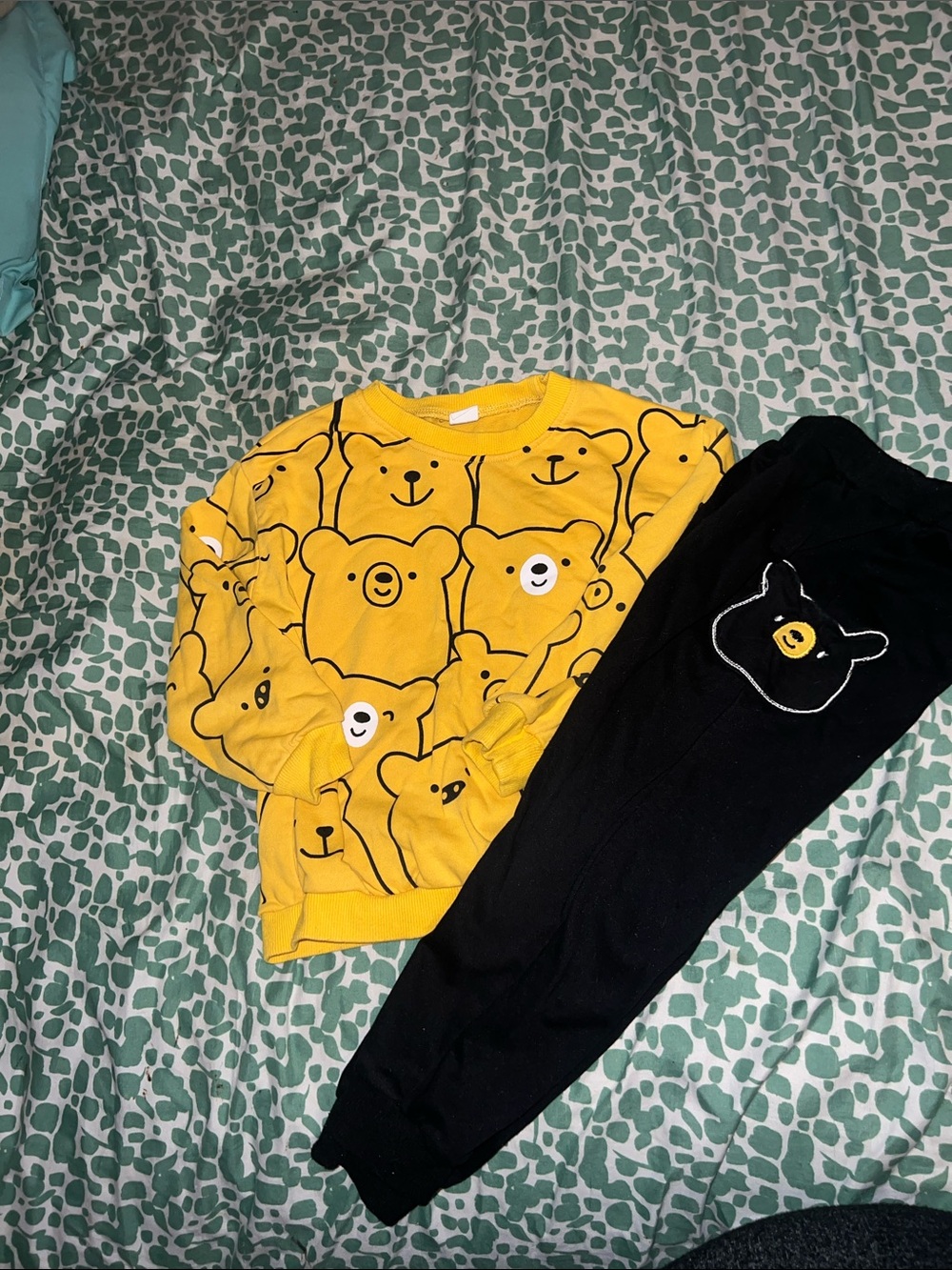 Yellow Bear Print Sweatshirt and Black Bear Joggers Set